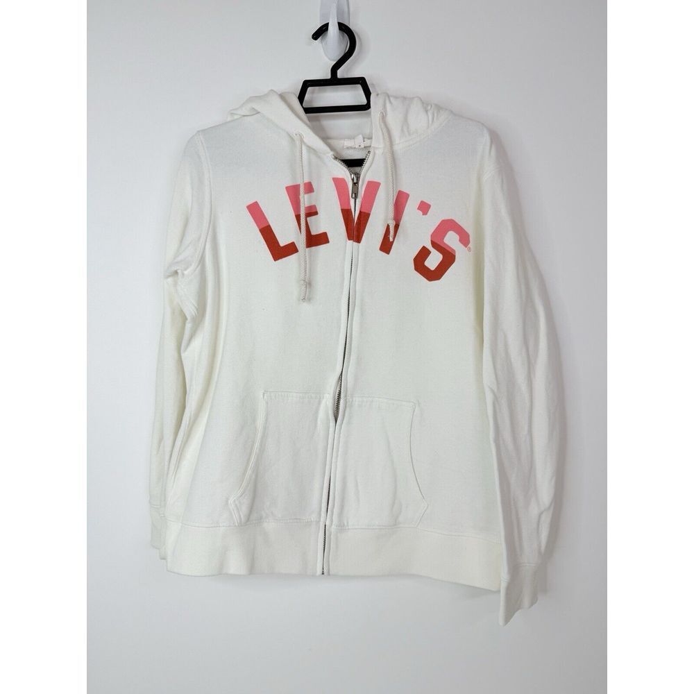 Levi's Hoodie Women's Medium Full Zip Pink‎ Logo Casual Sweatshirt Pockets White